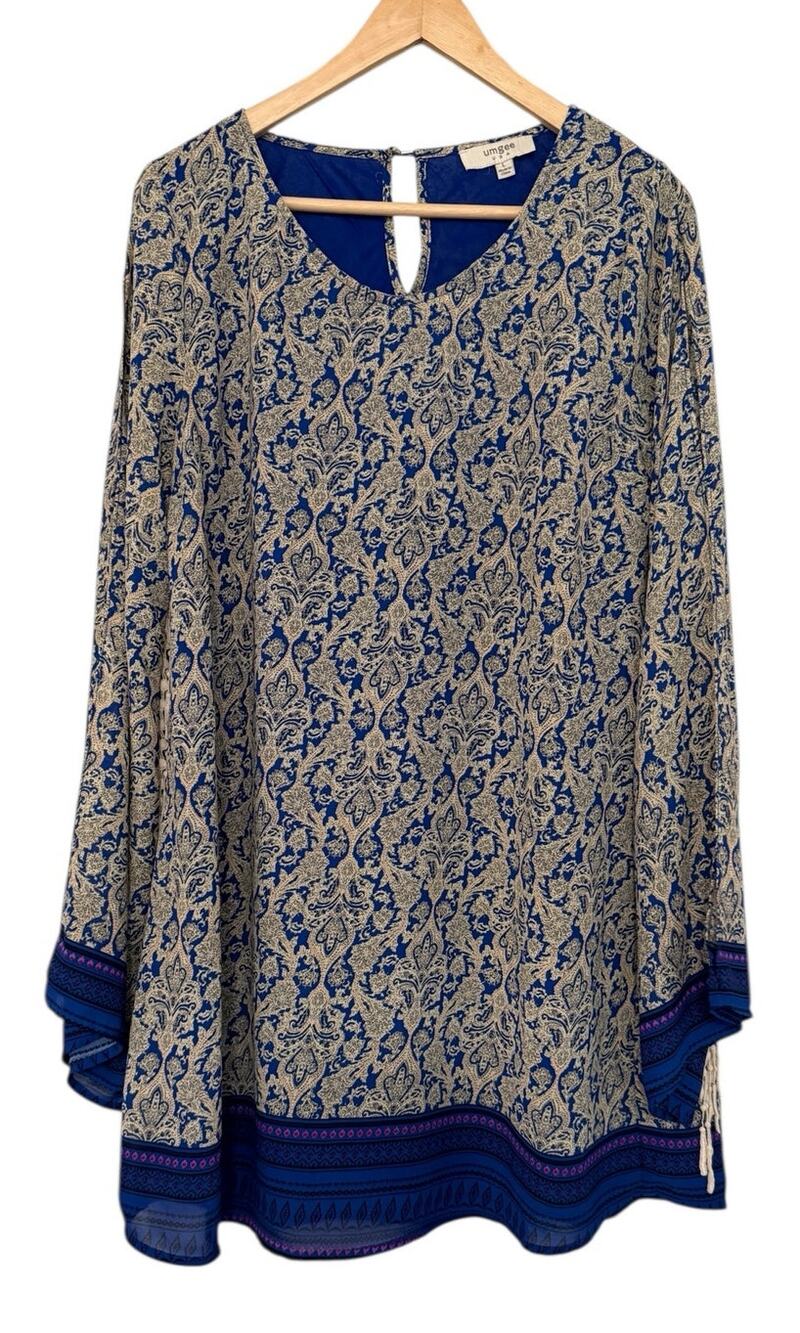 Umgee Blue Paisley Boho Shift Dress Open Fringe Sleeves Lined Fall Size L